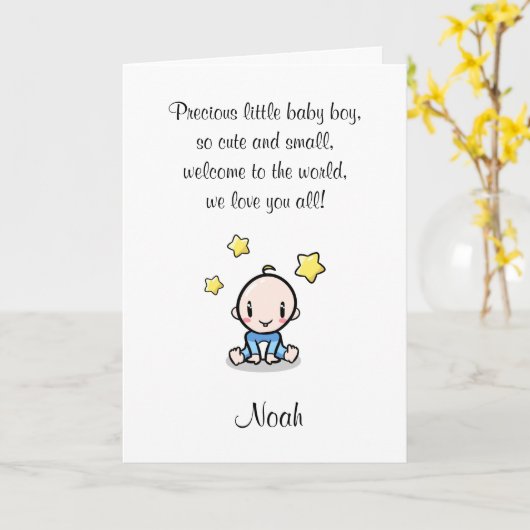 ベビーおめでとう少年の名前と文字。 カード (黄色い花)