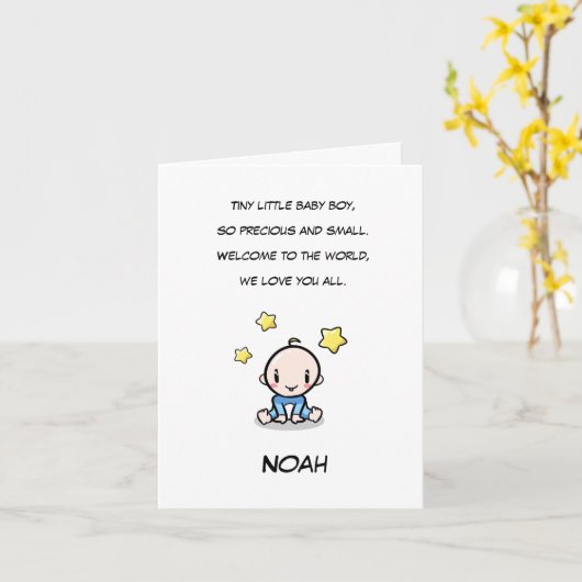 ベビーおめでとう男の子の名前と韻を入れたカード カード (黄色い花)