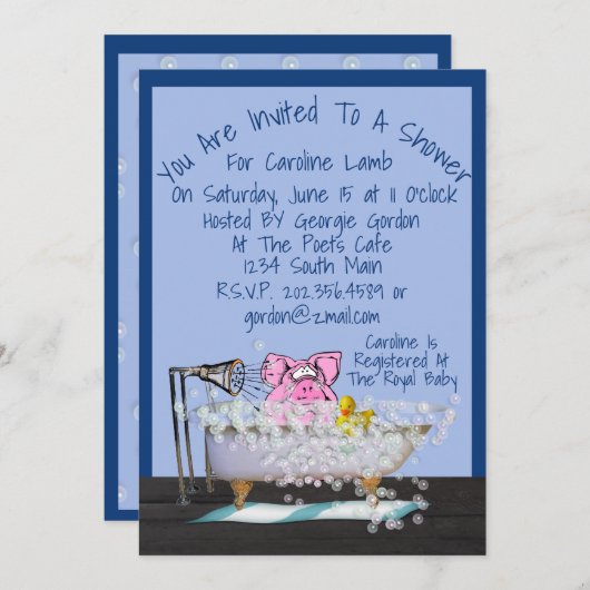 ベビーおもしろいシャワー招待状（豚シャワー付） 招待状 (正面/裏面)