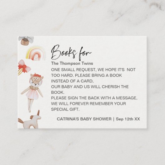 ベビーおもちゃツインガールズブックリクエスト赤ちゃんシャワー エンクロージャーカード (正面)