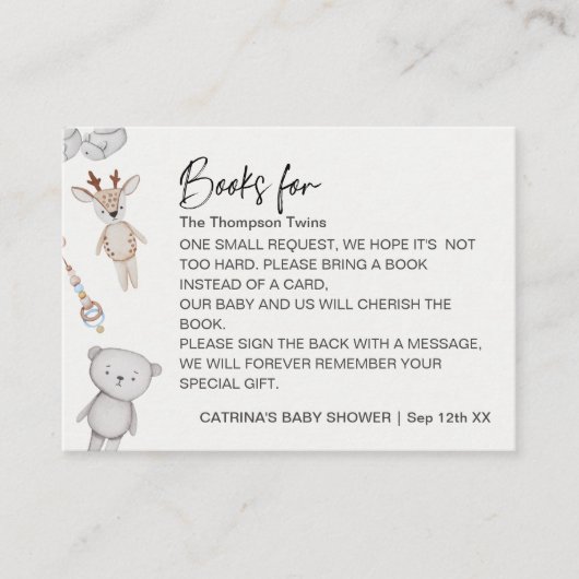 ベビーおもちゃツインボーイズ予約リクエスト赤ちゃんシャワー エンクロージャーカード (正面)