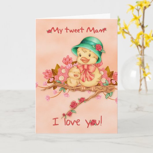 ベビーおよびMamの鳥の私のさえずりが付いている母の日カード カード (黄色い花)