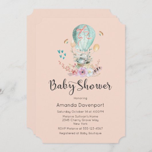 ベビーお洒落バニーがバルーンベイビーシャワーに 招待状 (正面/裏面)