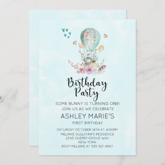 ベビーお洒落バニーが誕生パーティーに 招待状 (正面/裏面)