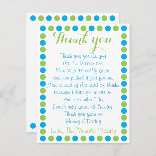 ベビーからの男の赤ちゃんのシャワーのサンキューカード サンキューカード (正面/裏面)