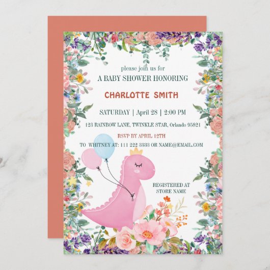 ベビーかわいらしの恐竜の冠の風船勾配植物 招待状 (正面/裏面)