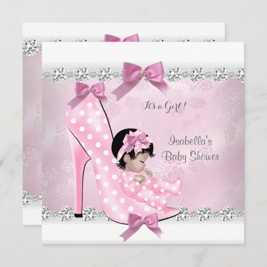 ベビーかわいらしシャワーガールピンクダイヤモンドハイヒールD 招待状 (正面/裏面)