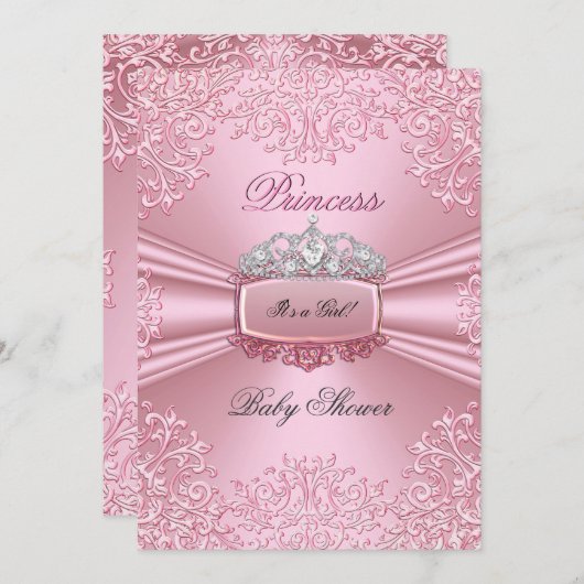 ベビーかわいらしシャワーガールピンクプリンセスティアラレース 招待状 (正面/裏面)