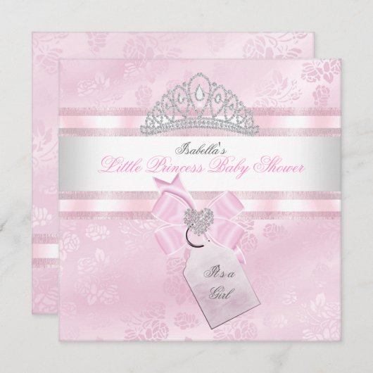 ベビーかわいらしシャワーガールリトルプリンセスダマスク3 招待状 (正面/裏面)
