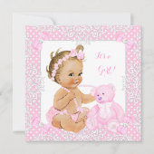 ベビーかわいらしシャワーガールレースピンクベアーブロンドベビー 招待状 (正面)