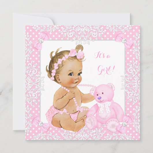 ベビーかわいらしシャワーガールレースピンクベアーブロンドベビー 招待状 (正面)
