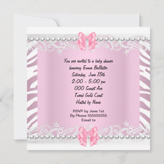 ベビーかわいらしシャワーゼブラベビーガールピンクレース 招待状 (裏面)