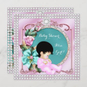 ベビーかわいらしシャワーフローラティール（緑がかった色）ピンクブルネットベビー 招待状 (正面/裏面)