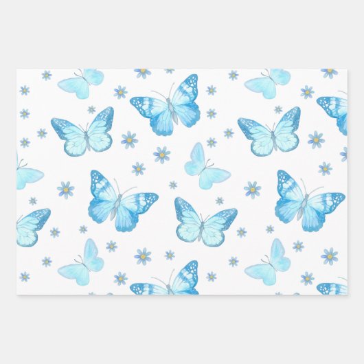 ベビーかわいらしブルーバタフライフローラルパターンデザイン ラッピングペーパーシート (正面)