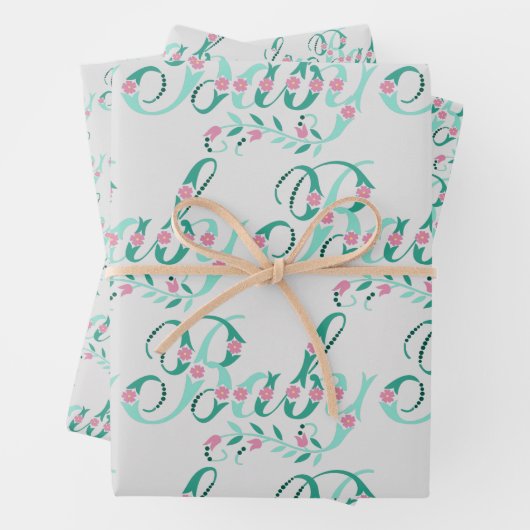 ベビーかわいらし引用文ピンク&ブルーフラワーベビーシャワー ラッピングペーパーシート (インサイチュ)