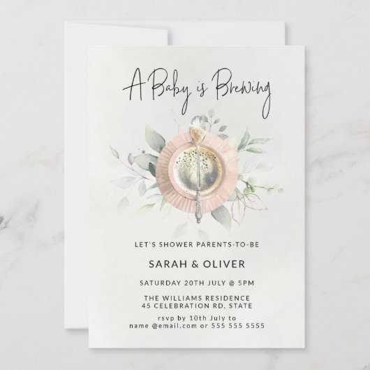 ベビーがアフタヌーンティーコーヒーの赤ちゃんシャワーを醸造している 招待状 (正面)