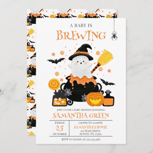 ベビーがオレンジ色のハロウィーンの赤ちゃんシャワーを醸造している 招待状 (正面/裏面)