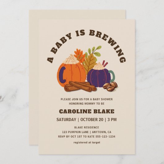 ベビーがカボチャのコーヒーを醸造している秋ベビーシャワー 招待状 (正面/裏面)
