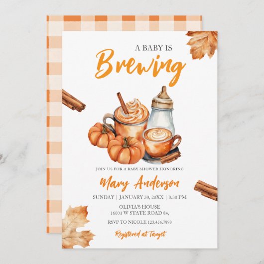 ベビーがカボチャのスパイスボトルベビーシャワーを醸造している 招待状 (正面/裏面)
