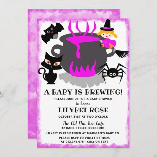 ベビーがカルドロンハロウィーンベイビーシャワーを醸造している 招待状 (正面/裏面)