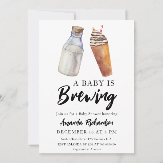 ベビーがコーヒーとミルクの赤ちゃんシャワーを醸造している 招待状 (正面)