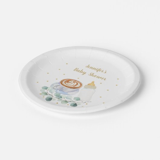 ベビーがコーヒーの緑のベビーシャワーを醸造している ペーパープレート (アングル)