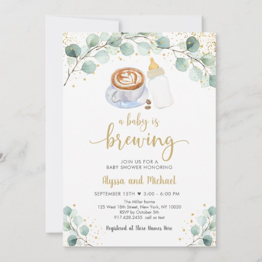 ベビーがコーヒーの緑のベビーシャワーを醸造している 招待状 (正面)
