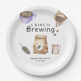 ベビーがコーヒーカップの赤ちゃんシャワーを醸造している ペーパープレート