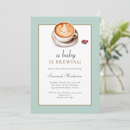 ベビーがコーヒーカップの赤ちゃんシャワーを醸造している 招待状 (スタンド正面)