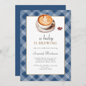 ベビーがコーヒーカップブルーベビーシャワーを醸造している 招待状 (正面/裏面)