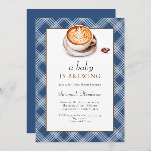 ベビーがコーヒーカップブルーベビーシャワーを醸造している 招待状 (正面/裏面)