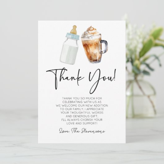 ベビーがコーヒーボトルの赤ちゃんシャワーを醸造している サンキューカード (スタンド正面)
