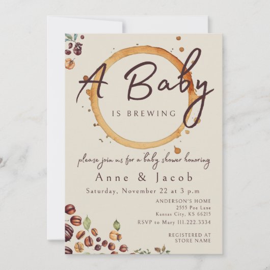 ベビーがコーヒー豆の赤ちゃんシャワーを醸造している 招待状 (正面)