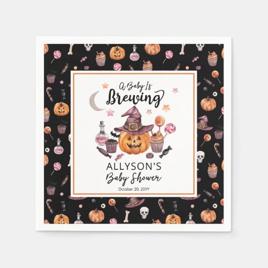 ベビーがジャック・オ・ランタンのハロウィーンシャワーを醸造している スタンダードカクテルナプキン (正面)