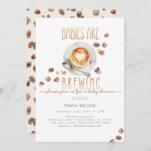 ベビーがツインコーヒーベビーシャワーを醸造している 招待状 (正面/裏面)