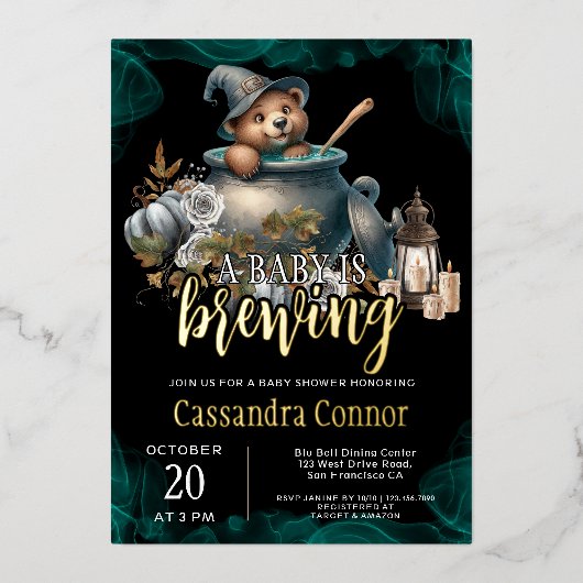 ベビーがハロウィーンの赤ちゃんシャワーを浴びている 箔招待状 (正面)