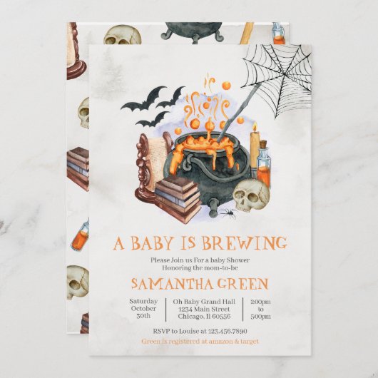 ベビーがハロウィーンの赤ちゃんシャワーを醸造している 招待状 (正面/裏面)