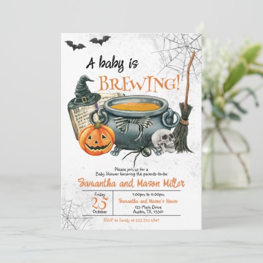 ベビーがハロウィーンの赤ちゃんシャワーを醸造している 招待状 (スタンド正面)