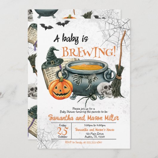 ベビーがハロウィーンの赤ちゃんシャワーを醸造している 招待状 (正面/裏面)