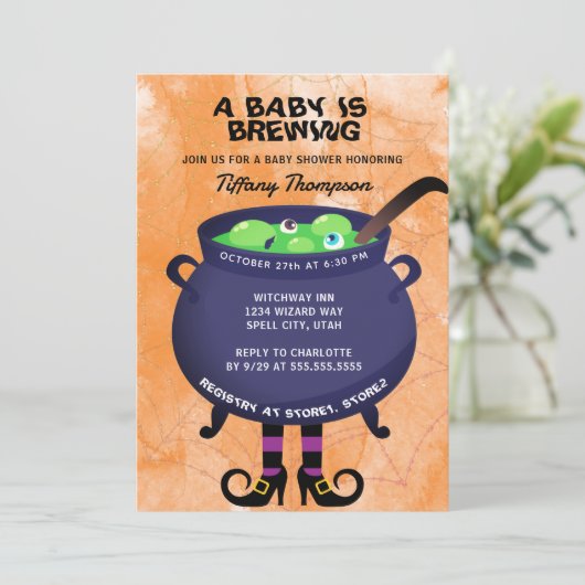 ベビーがハロウィーンの赤ちゃんシャワーを醸造している 招待状 (スタンド正面)