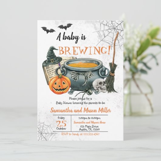 ベビーがハロウィーンの赤ちゃんシャワーを醸造している 招待状 (スタンド正面)