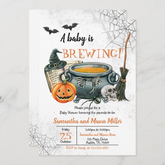 ベビーがハロウィーンの赤ちゃんシャワーを醸造している 招待状 (正面/裏面)