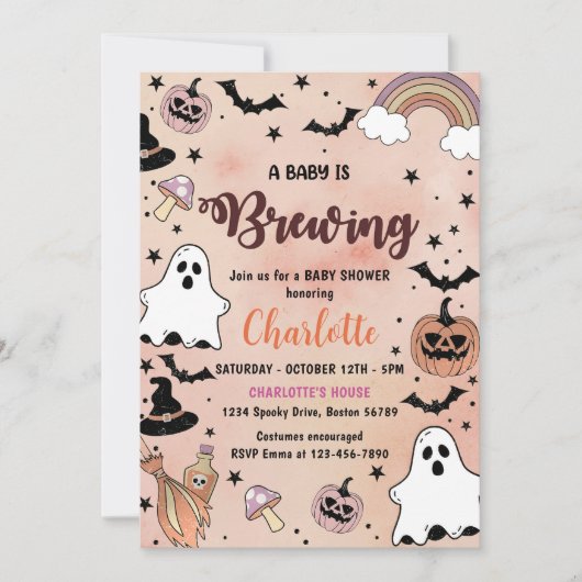 ベビーがハロウィーンの赤ちゃんシャワーパーティーを醸造している 招待状 (正面)