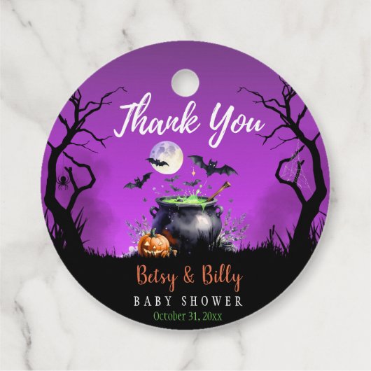 ベビーがハロウィーンの赤ちゃんシャワーメッセージカードを醸造している フェイバータグ (裏面)