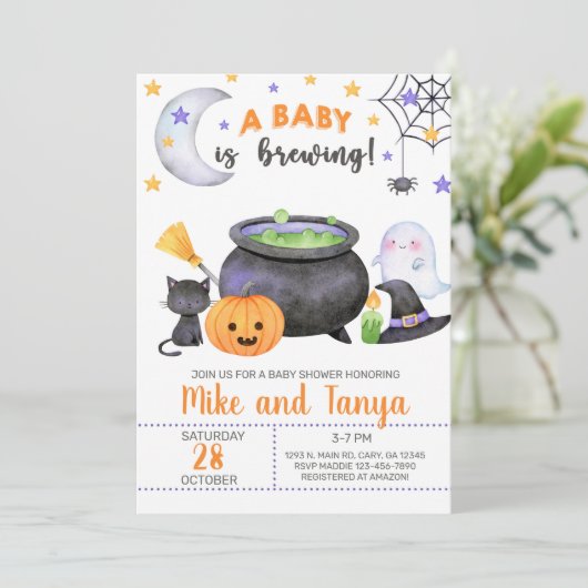 ベビーがハロウィーンの赤ちゃんシャワー招待状を醸造している。 招待状 (スタンド正面)