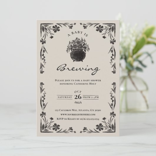 ベビーがハロウィーンの赤ちゃんシャワー招待状を醸造している 招待状 (スタンド正面)