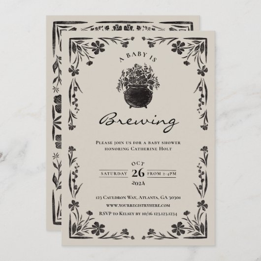 ベビーがハロウィーンの赤ちゃんシャワー招待状を醸造している 招待状 (正面/裏面)