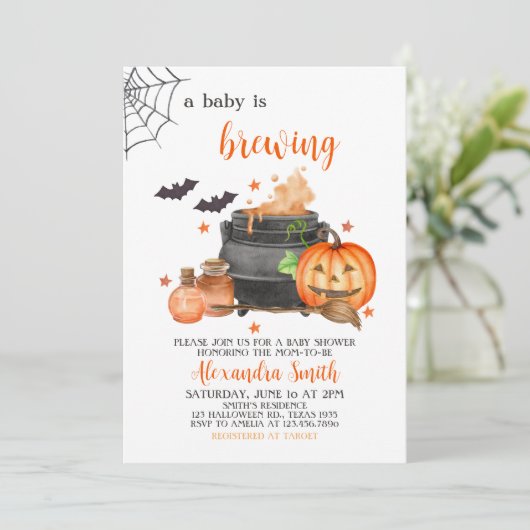 ベビーがハロウィーンの赤ちゃんシャワー招待状を醸造している 招待状 (スタンド正面)