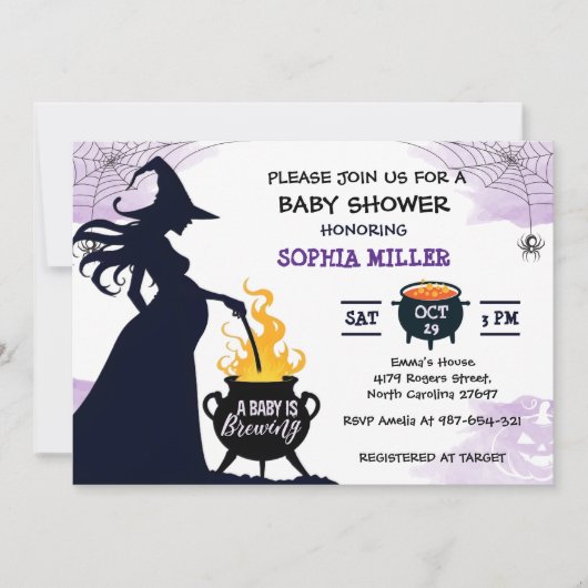 ベビーがハロウィーン魔女の赤ちゃんシャワーを醸造している 招待状 (正面)