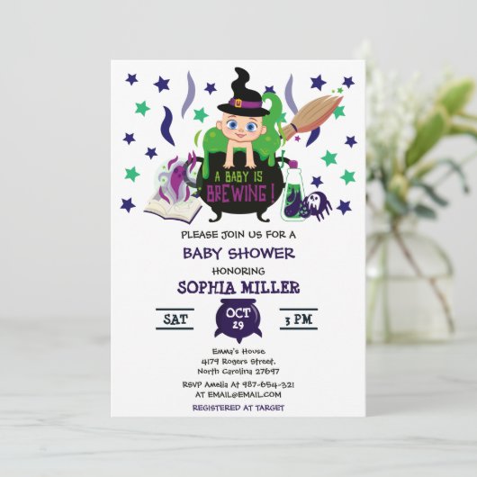 ベビーがハロウィーン魔女の赤ちゃんシャワーを醸造している 招待状 (スタンド正面)